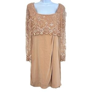 Badgley Mischka Beaded Lace Blush Long-Sleeve Cocktail Formal Dress 10